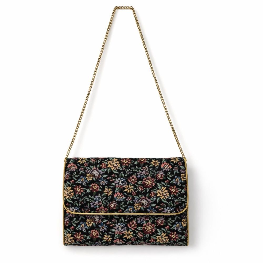 Vintage Black Floral Tapestry Thin Bag Shoulder Purse Gold Hong Kong
